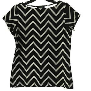 Lauren Ralph Lauren Black White Chevron Print Short Sleeve Top Blouse L‎ Stretch